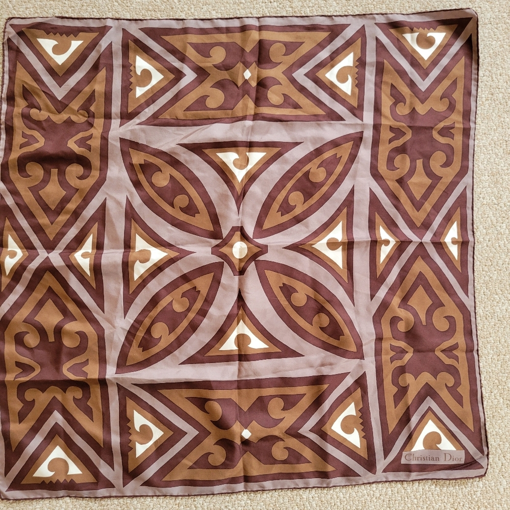 Vintage Christian Dior Brown &Tan Geometric Scarf Handrolled Edges 80s-90s - Picture 3 of 15